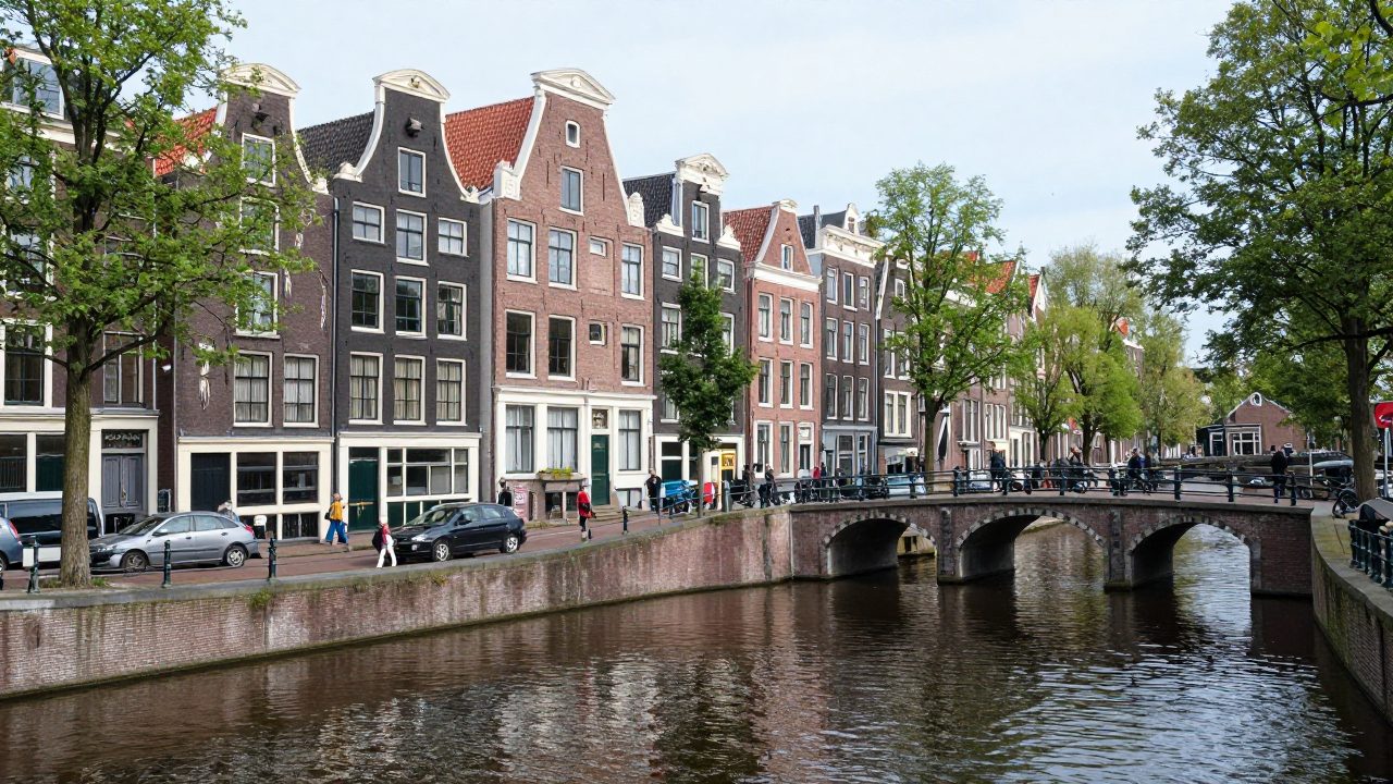 Rustige gracht met bruggen en grachtenpanden in Amsterdam