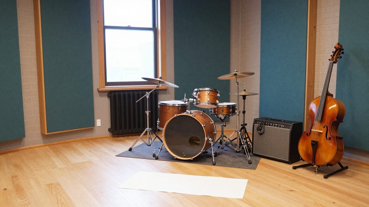Lege live room met drums, gitaarversterker en basgitaar klaar