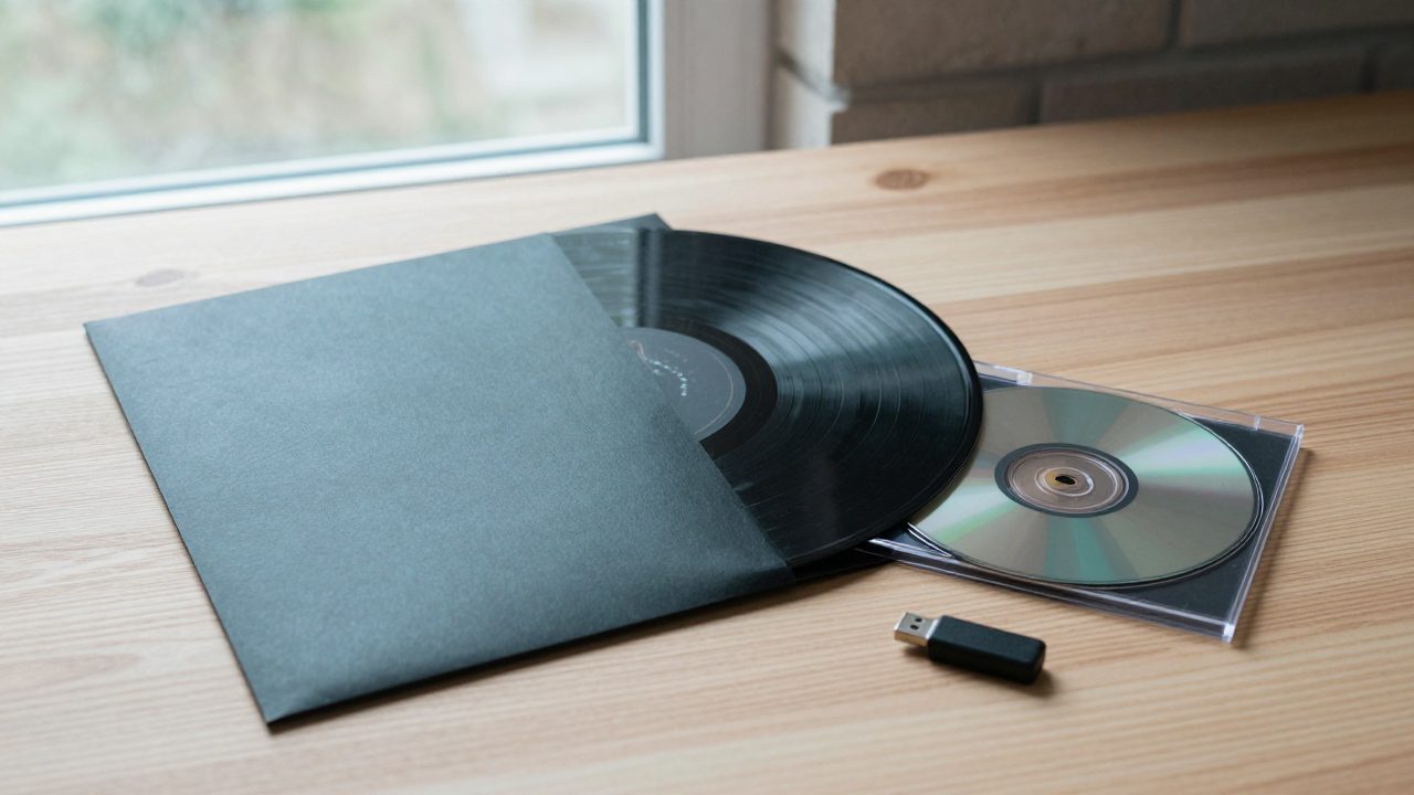 Vinylplaat, cd-hoesje en usb-stick naast elkaar op tafel