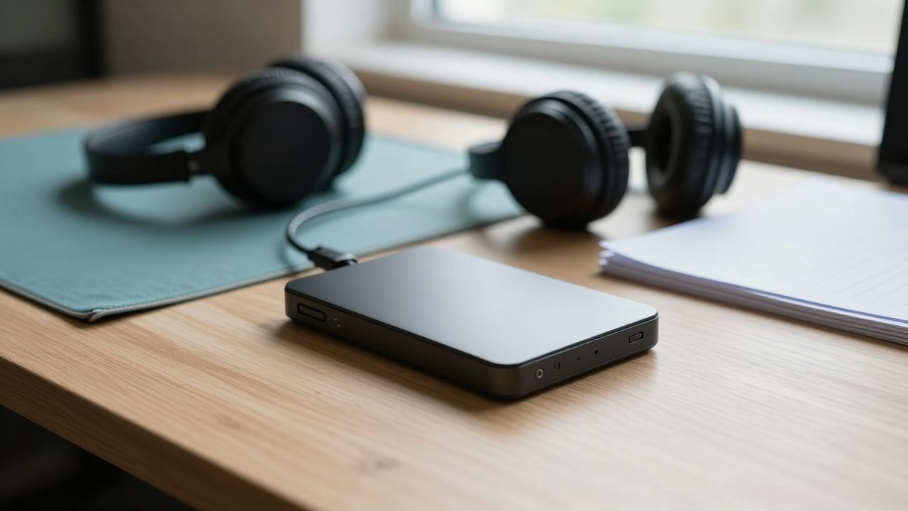 Externe harde schijf, USB-kabel en koptelefoon op een bureau
