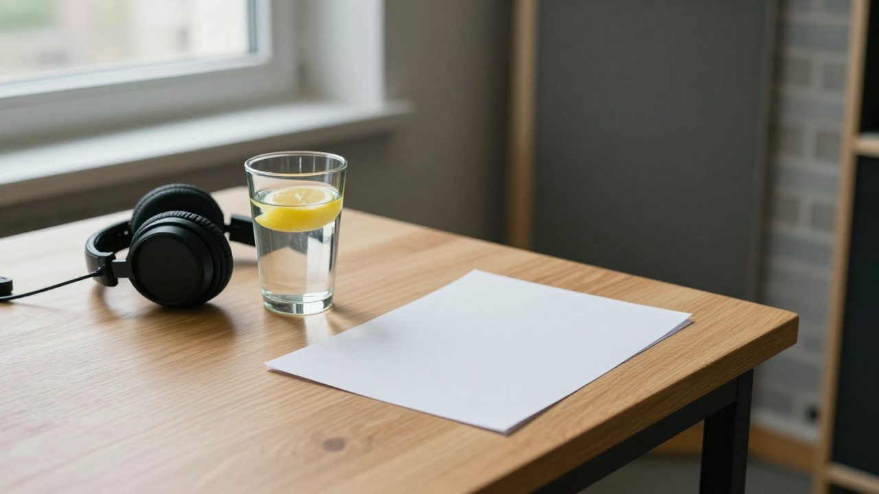 Water met citroen, koptelefoon en lege tekst op een tafel