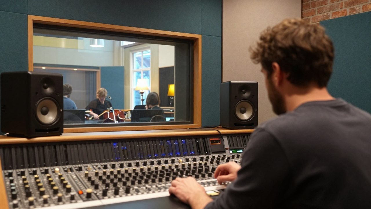 Engineer achter de mengtafel met zicht op de live room