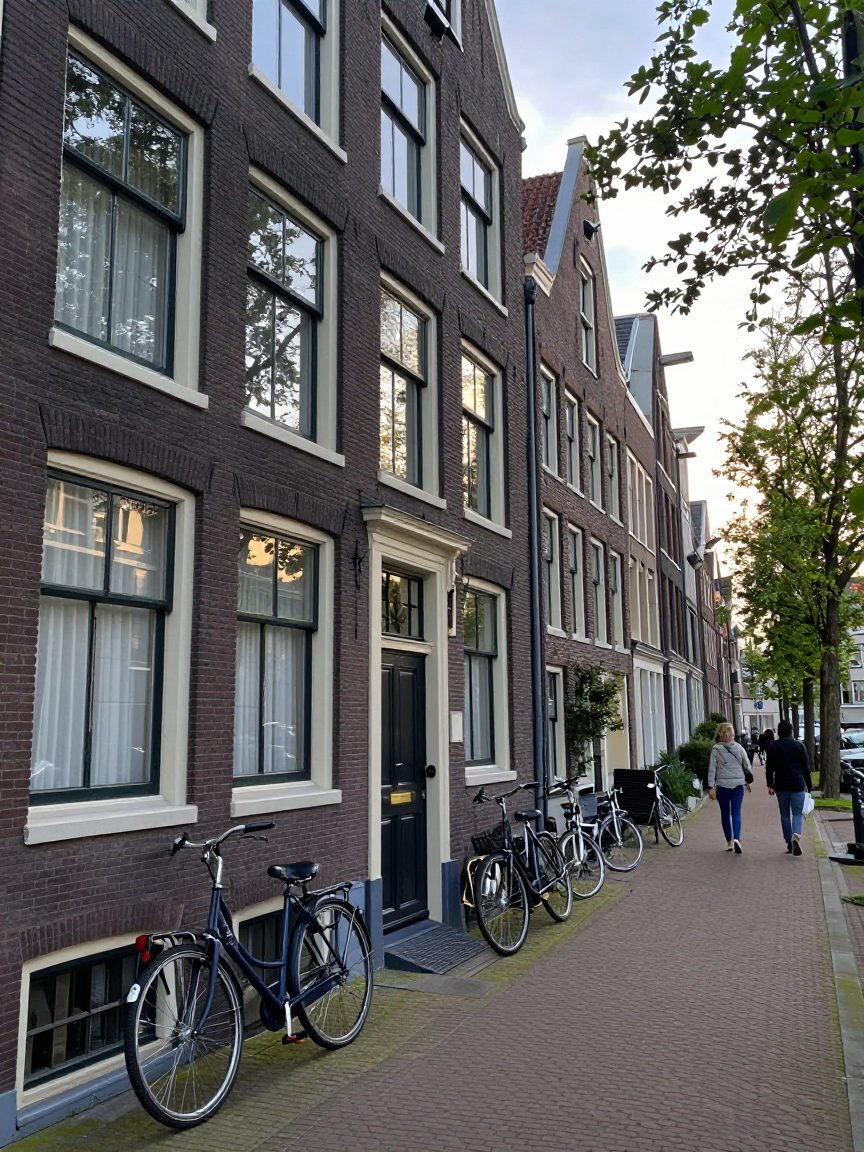 Gevel van een grachtenpand met fietsen op straat in Oud-West