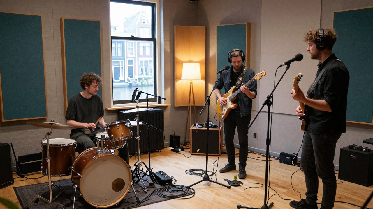 Band speelt live mee in de opnameruimte van het studio