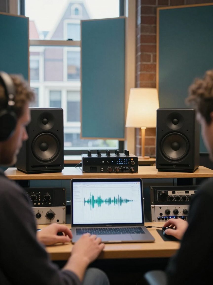 Mastering engineer luistert kritisch tussen twee studio monitors