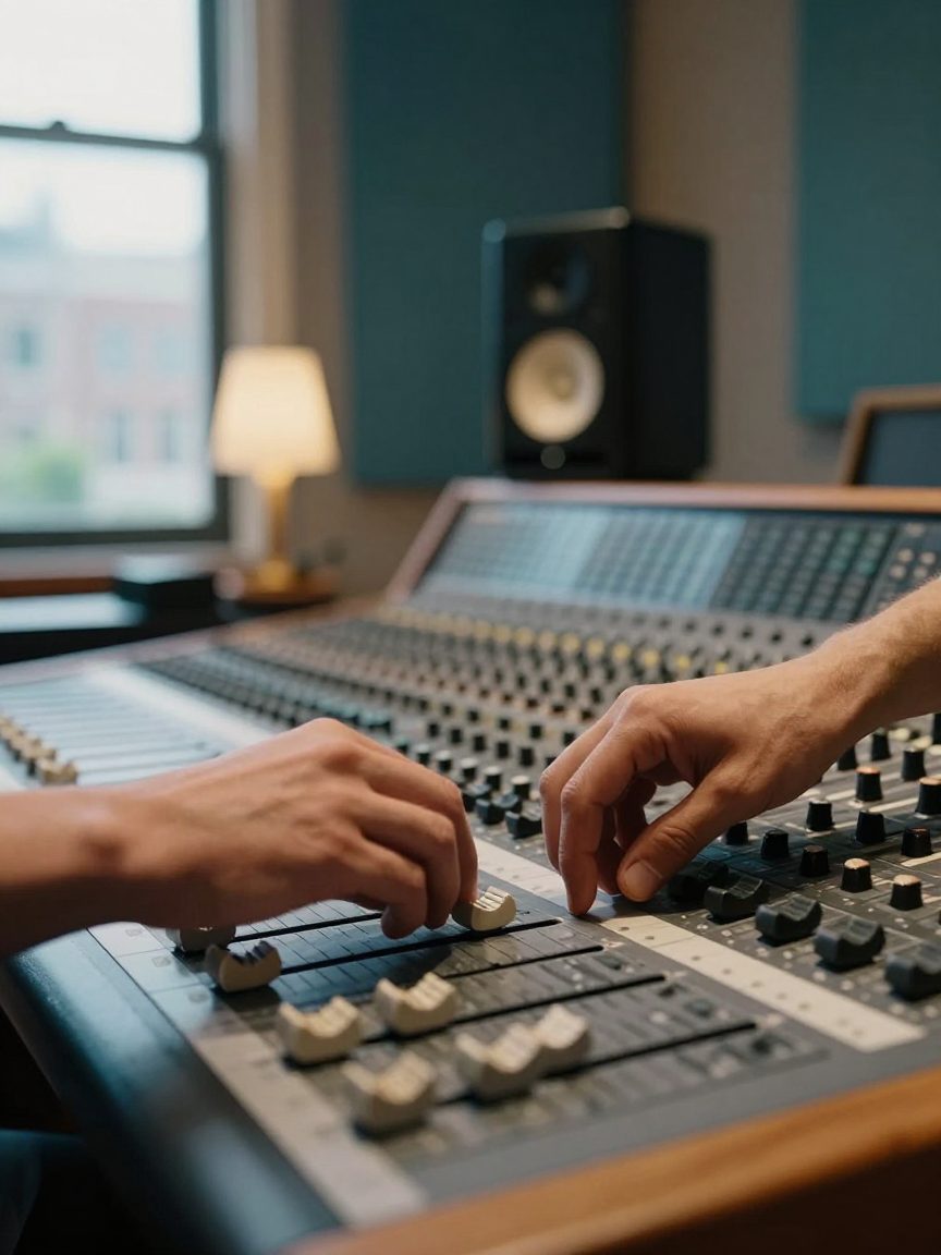 Handen op de faders van de mengtafel tijdens het mixen