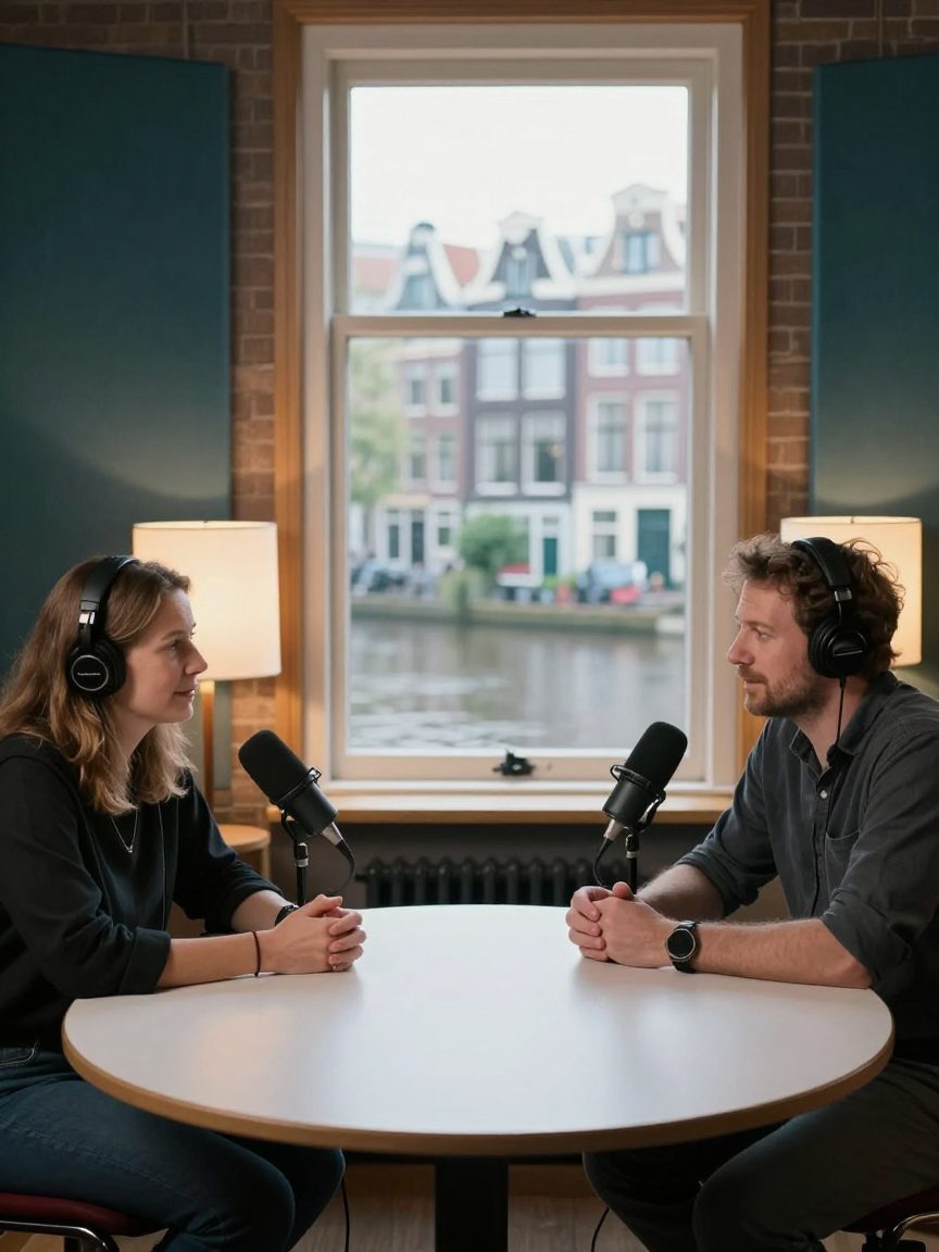 Twee podcastmakers met microfoons aan een ronde tafel