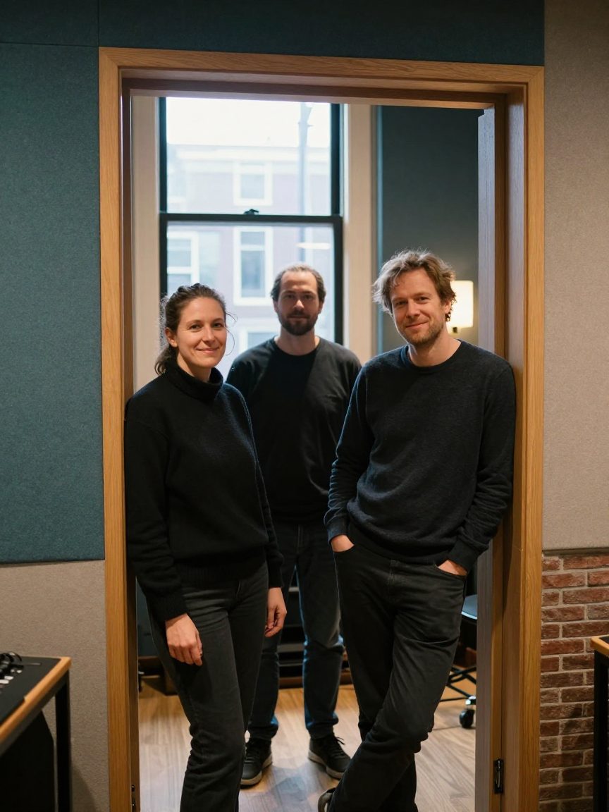 Drie teamleden van Okiatech in de deuropening van de regie
