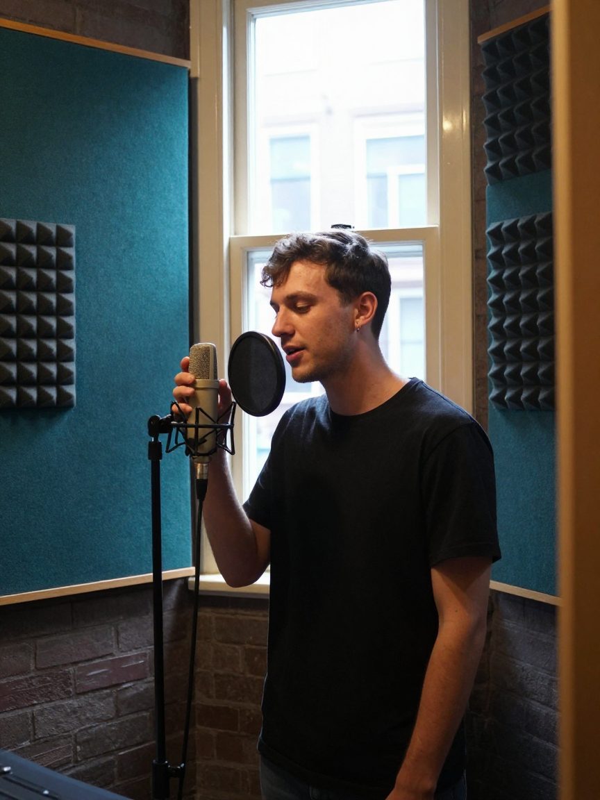 Rapper in de vocal booth tijdens een opnamesessie